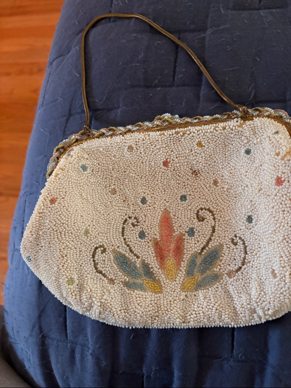 Cream Beaded Floral Accent Evening Clutch by